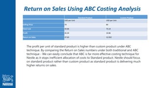 Return on Sales Using ABC Costing Analysis
Standard Product Custom Product
USD per Unit USD per Unit
Selling Price 70 84
Total Cost 43.66 73.14
Profit 26.34 10.86
Return on Sales 37.63 12.932
The profit per unit of standard product is higher than custom product under ABC
technique. By comparing the Return on Sales numbers under both traditional and ABC
technique - We can easily conclude that ABC is far more effective costing technique for
Nestle as it stops inefficient allocation of costs to Standard product. Nestle should focus
on standard product rather than custom product as standard product is delivering much
higher returns on sales.
 