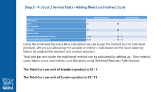 Step 2 - Product / Service Costs - Adding Direct and Indirect Costs
Standard Product Custom Product
Direct Costs
Labor
Hrs * Labor/hr
16 20
Material 22 32
Indirect Costs
Overheads (recovery rate * hours) 12.14 15.175
Total Costs Per Unit (1+2+3) 50.14 67.175
Using the Overhead Recovery Rate Calculation we can assign the indirect cost to individual
products. We are just allocating the variable or indirect costs based on the hours taken by
labour to produce the standard and custom products.
Total cost per unit under the traditional method can be calculated by adding up - Raw material
costs, labour costs, and indirect cost allocation using Overhead Recovery Rate formula.
The Total Cost per unit of Standard product is 50.14
The Total Cost per unit of Custom product is 67.175
 