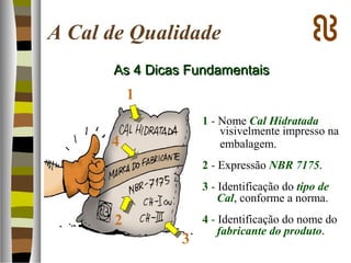 A Cal de Qualidade
As 4 Dicas FundamentaisAs 4 Dicas Fundamentais
1 - Nome Cal Hidratada
visivelmente impresso na
embalagem.
2 - Expressão NBR 7175.
3 - Identificação do tipo de
Cal, conforme a norma.
4 - Identificação do nome do
fabricante do produto.
1
4
2
3
 