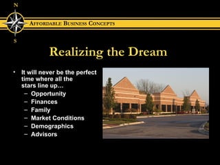 Realizing the Dream It will never be the perfect time where all the  stars line up… Opportunity Finances Family Market Conditions Demographics Advisors   