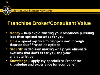 Franchise Broker/Consultant Value Money  – help avoid wasting your resources pursuing less than optimal matches for you Time  – spend my time to help you sort through thousands of Franchise options Security  in decision making – help you eliminate systems that don’t fit for you and your characteristics Knowledge  – apply my specialized Franchise knowledge and experience for your benefit 
