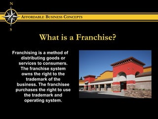 What is a Franchise? Franchising is a method of distributing goods or services to consumers. The franchise system owns the right to the trademark of the business. The franchisee purchases the right to use the trademark and operating system. 