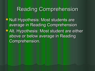 Reading ComprehensionReading Comprehension
Null Hypothesis: Most students areNull Hypothesis: Most students are
average in Reading Comprehensionaverage in Reading Comprehension
Alt. Hypothesis: Most student are eitherAlt. Hypothesis: Most student are either
above or below average in Readingabove or below average in Reading
Comprehension.Comprehension.
 