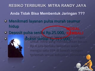 RESIKO TERBURUK MITRA RANDY JAYA

Anda Tidak Bisa Membentuk Jaringan ???

Menikmati layanan pulsa murah seumur
hidup
                                  MODAL
Deposit pulsa senilai Rp.25.000,- KEMBALI
          Sistem Ta’awun (pengaturan jaringan
Voucher diskon senilai Rp.325.000,-
            untuk mitra yang mendapatkan bonus
            Rp.4 juta berlaku kelipatan wajib
            mengisi satu titik di bawah jaringan
            terlemah sesuai kebijakan perusahaan)
 