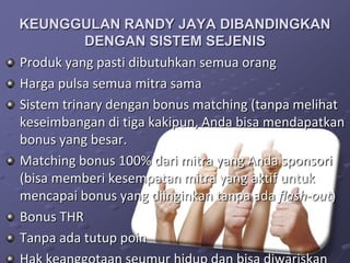 KEUNGGULAN RANDY JAYA DIBANDINGKAN
           DENGAN SISTEM SEJENIS
Produk yang pasti dibutuhkan semua orang
Harga pulsa semua mitra sama
Sistem trinary dengan bonus matching (tanpa melihat
keseimbangan di tiga kakipun, Anda bisa mendapatkan
bonus yang besar.
Matching bonus 100% dari mitra yang Anda sponsori
(bisa memberi kesempatan mitra yang aktif untuk
mencapai bonus yang diinginkan tanpa ada flash-out)
Bonus THR
Tanpa ada tutup poin
 