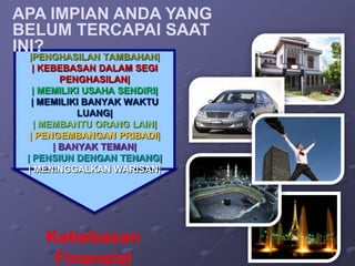 APA IMPIAN ANDA YANG
BELUM TERCAPAI SAAT
INI?
  |PENGHASILAN TAMBAHAN|
   | KEBEBASAN DALAM SEGI
          PENGHASILAN|
   | MEMILIKI USAHA SENDIRI|
   | MEMILIKI BANYAK WAKTU
             LUANG|
    | MEMBANTU ORANG LAIN|
  | PENGEMBANGAN PRIBADI|
        | BANYAK TEMAN|
 | PENSIUN DENGAN TENANG|
 | MENINGGALKAN WARISAN|




    Kebebasan
     Finansial
 