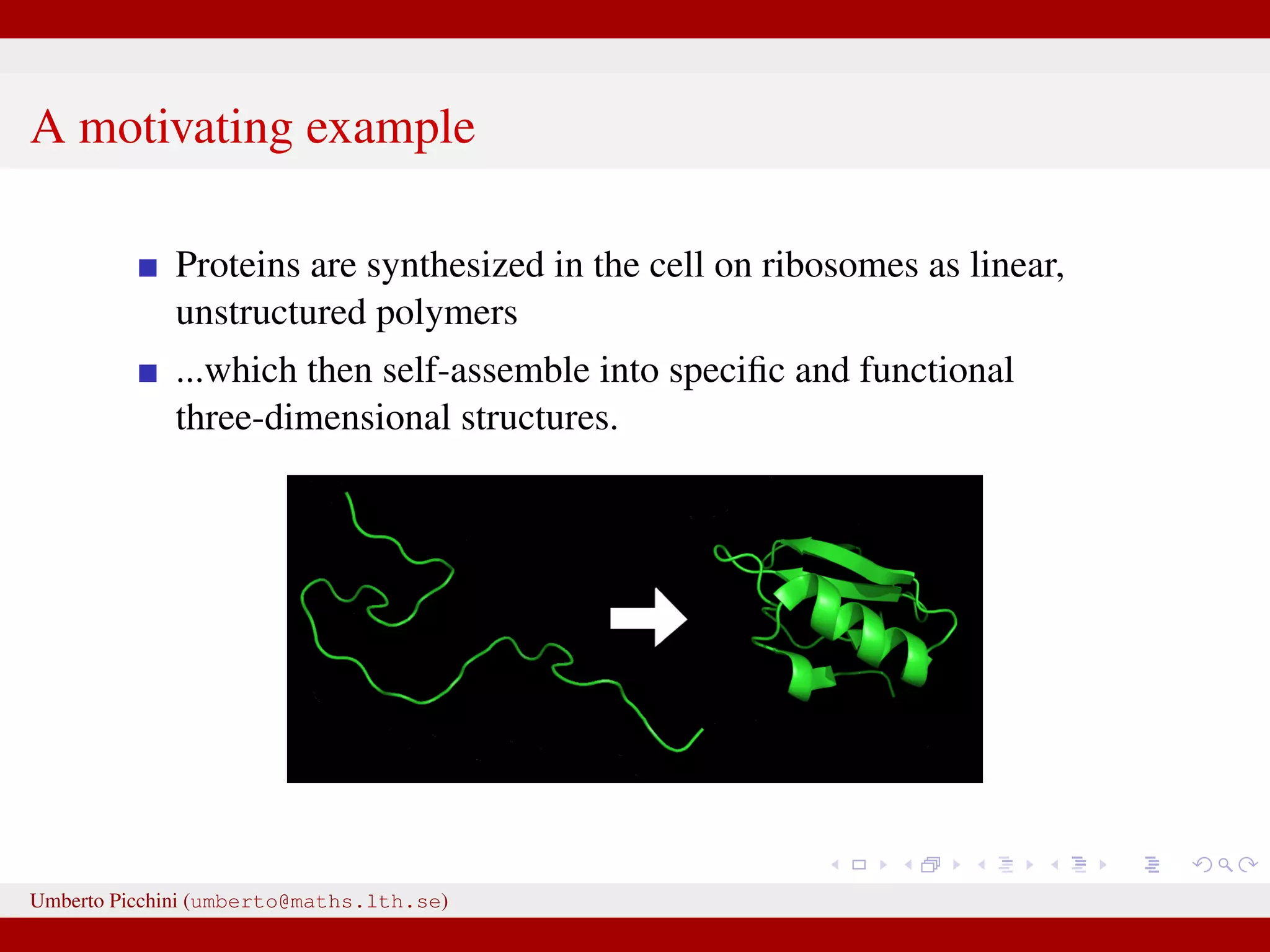A motivating example Proteins are synthesized in the cell on ribosomes as linear, unstructured polymers ...which then self-assemble into speciﬁc and functional three-dimensional structures. Umberto Picchini (umberto@maths.lth.se) 