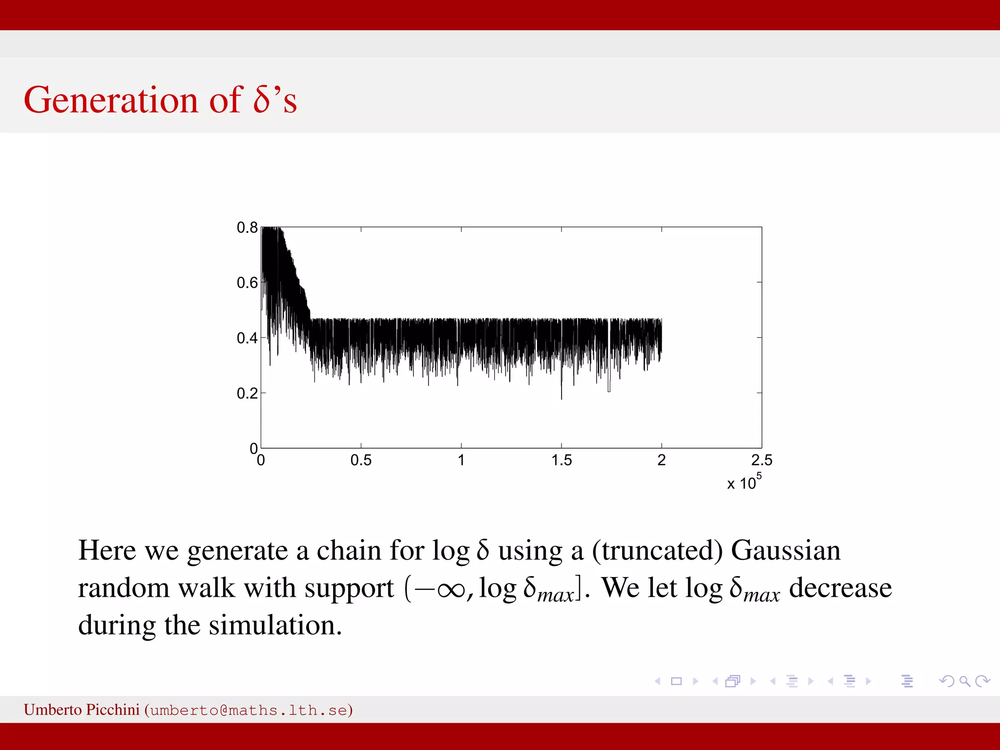 Generation of δ’s 0 0.5 1 1.5 2 2.5 x 10 5 0 0.2 0.4 0.6 0.8 Here we generate a chain for log δ using a (truncated) Gaussian random walk with support (−∞, log δmax]. We let log δmax decrease during the simulation. Umberto Picchini (umberto@maths.lth.se) 