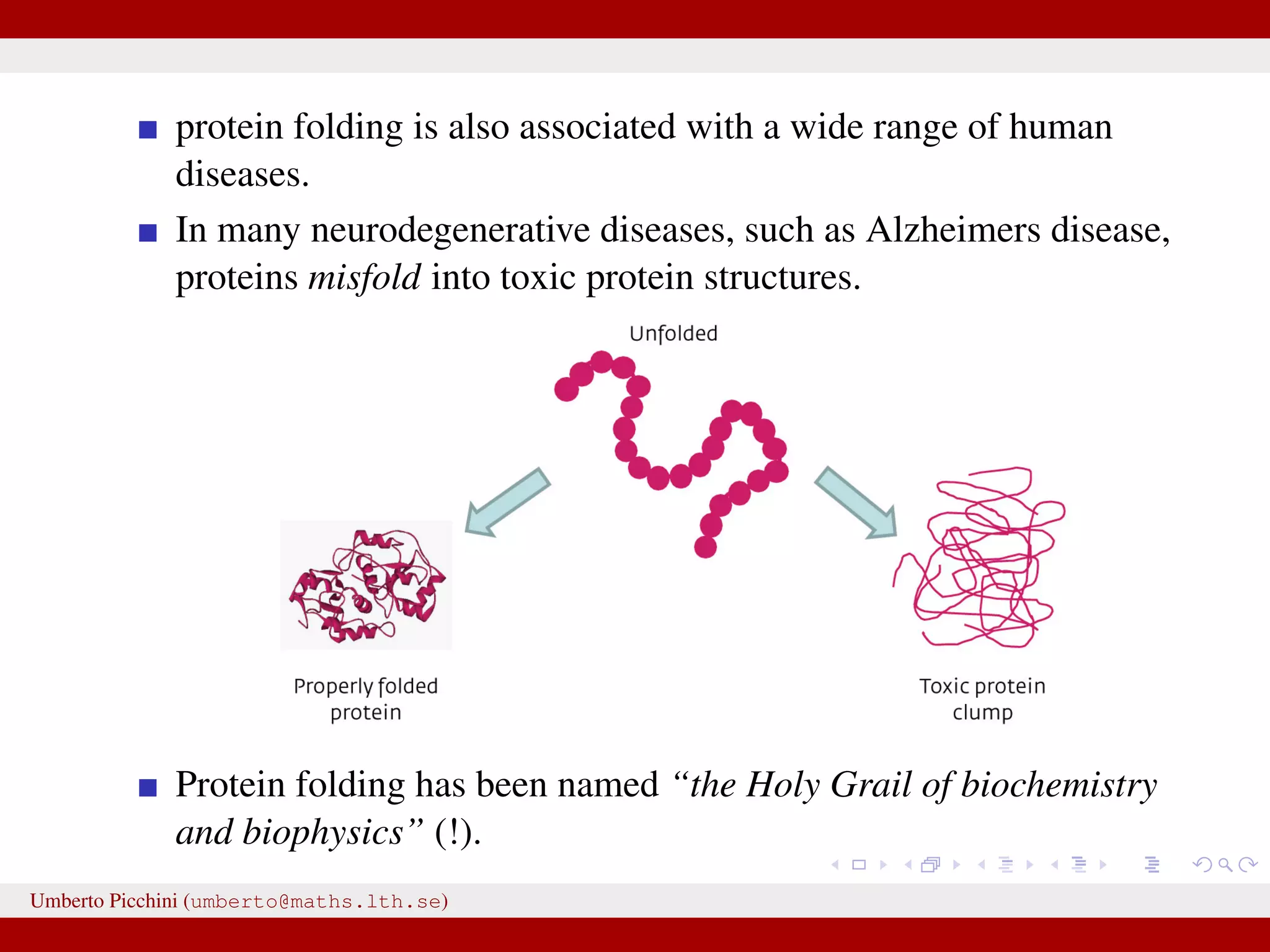 protein folding is also associated with a wide range of human diseases. In many neurodegenerative diseases, such as Alzheimers disease, proteins misfold into toxic protein structures. Protein folding has been named “the Holy Grail of biochemistry and biophysics” (!). Umberto Picchini (umberto@maths.lth.se) 
