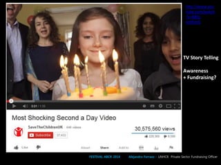 FESTIVAL ABCR 2014 Alejandro Ferraez – UNHCR Private Sector Fundraising Officer
http://www.you
tube.com/watch
?v=RBQ-
IoHfimQ
TV Story Telling
Awareness
+ Fundraising?
 