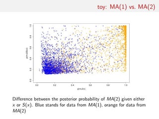 toy: MA(1) vs. MA(2)
Diﬀerence between the posterior probability of MA(2) given either
x or S(x). Blue stands for data from MA(1), orange for data from
MA(2)
 