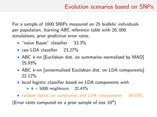 Evolution scenarios based on SNPs
For a sample of 1000 SNIPs measured on 25 biallelic individuals
per population, learning ABC reference table with 20, 000
simulations, prior predictive error rates:
• “na¨ıve Bayes” classiﬁer 33.3%
• raw LDA classiﬁer 23.27%
• ABC k-nn [Euclidean dist. on summaries normalised by MAD]
25.93%
• ABC k-nn [unnormalised Euclidean dist. on LDA components]
22.12%
• local logistic classiﬁer based on LDA components with
• k = 5000 neighbours 22.43%
• random forest on summaries and LDA components 19.03%
(Error rates computed on a prior sample of size 104)
 