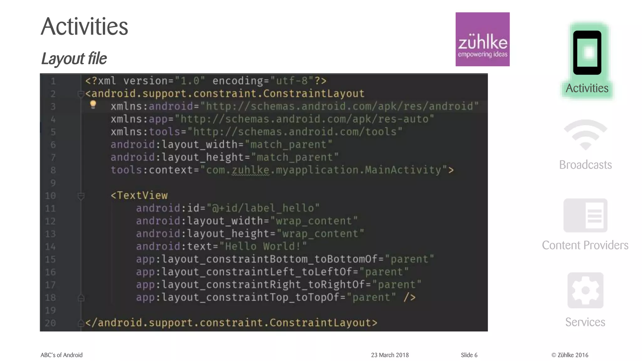 © Zühlke 2016
Activities
Layout file
ABC’s of Android 23 March 2018 Slide 6
Activities
 