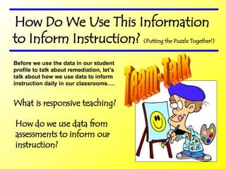 How Do We Use This Information to Inform Instruction?  (Putting the Puzzle Together!) How do we use data from  assessments to inform our instruction? What is responsive teaching? Before we use the data in our student profile to talk about remediation, let’s talk about how we use data to inform instruction daily in our classrooms…. Team-Talk 