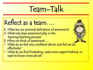 Reflect as a team…. What are our personal definitions of assessment? What role does assessment play in the  learning/teaching process? 3. When we think of assessment…. What do we feel very confident about, and feel we do effectively? What do we find frustrating, need more support behind, or want to know more about? Team-Talk 