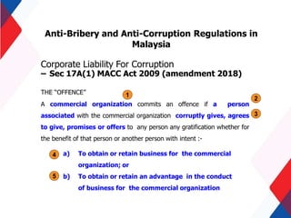 Anti-Bribery and Anti-Corruption Regulations in
Malaysia
Corporate Liability For Corruption
– Sec 17A(1) MACC Act 2009 (amendment 2018)
THE “OFFENCE”
A commercial organization commits an offence if a person
associated with the commercial organization corruptly gives, agrees
to give, promises or offers to any person any gratification whether for
the benefit of that person or another person with intent :-
a) To obtain or retain business for the commercial
organization; or
b) To obtain or retain an advantage in the conduct
of business for the commercial organization
1
2
3
4
5
 