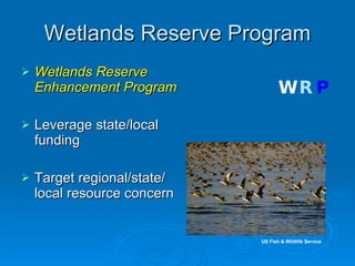 Wetlands Reserve Program Wetlands Reserve Enhancement Program Leverage state/local funding Target regional/state/ local resource concern US Fish & Wildlife Service W R P 