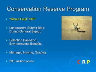 Conservation Reserve Program “ Whole Field” CRP   Landowners Submit Bids During General Signup  Selection Based on Environmental Benefits Managed Haying, Grazing 29.5 million acres C R P 