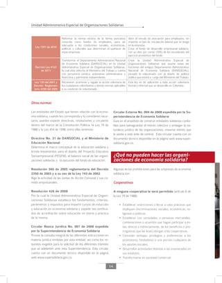 Unidad Administrativa Especial de Organizaciones Solidarias
14
Otras normas
Las entidades del Estado que tienen relación con la econo-
mía solidaria, cuando les corresponda y lo consideren nece-
sario, pueden expedir directivas, resoluciones y circulares
dentro del marco de la Constitución Política, la Ley 79 de
1988 y la Ley 454 de 1998, entre ellas tenemos:
Directiva No. 31 de DANSOCIAL y el Ministerio de
Educación Nacional
Determina el marco conceptual de la educación solidaria y
brinda lineamientos para el diseño del Proyecto Educativo
Socioempresarial (PESEM), el balance social de las organi-
zaciones solidarias y la ejecución del fondo de educación.
Resolución 360 de 2005 reglamentaria del Decreto
2350 de 2003 y a su vez de la Ley 743 de 2002
Rige la actividad de las Juntas de Acción Comunal y sus co-
mités empresariales.
Resolución 426 de 2008
Por la cual la Unidad Administrativa Especial de Organi-
zaciones Solidarias establece los fundamentos, criterios,
parámetros y requisitos para impartir cursos de inducción
y educación en economía solidaria y expedir los certifica-
dos de acreditación sobre educación en teoría y práctica
de la misma.
Circular Básica Jurídica No. 007 de 2008 expedida
por la Superintendencia de Economía Solidaria
Provee la consulta integral de las diferentes instrucciones en
materia jurídica emitidas por esta entidad, así como los re-
quisitos exigidos para la solicitud de los diferentes trámites
que se adelanten ante esta Superintendencia. Esta circular
cuenta con un documento técnico disponible en la página
web www.supersolidaria.gov.co.
Circular Externa No. 004 de 2008 expedida por la Su-
perintendencia de Economía Solidaria
Guia en el propósito de construir entidades solidarias confia-
bles para salvaguardar el interés colectivo y proteger la na-
turaleza jurídica de las organizaciones, máximo interés que
le asiste a este ente de control. Esta circular cuenta con un
documento técnico disponible en la página web www.super-
solidaria.gov.co.
¿Qué no pueden hacer las organi-
zaciones de economía solidaria?
Algunas de las prohibiciones para las empresas de economía
solidaria son:
Cooperativas
A ninguna cooperativa le será permitido (artículo 6 de
la Ley 79 de 1988):
•	 Establecer restricciones o llevar a cabo prácticas que
impliquen discriminaciones sociales, económicas, re-
ligiosas o políticas.
•	 Establecer con sociedades o personas mercantiles,
combinaciones o acuerdos que hagan participar a és-
tas, directa o indirectamente, de los beneficios o pre-
rrogativas que las leyes otorgan a las cooperativas.
•	 Conceder ventajas, privilegios y preferencias a los
promotores, fundadores o una porción cualquiera de
los aportes sociales.
•	 Desarrollar actividades distintas a las enumeradas en
sus estatutos.
•	 Transformarse en sociedad comercial.
Ley 1391 de 2010
Reformar la norma rectora de la forma asociativa
conocida como fondos de empleados, para así
adecuarla a las condiciones sociales, económicas,
políticas y culturales que determinan el quehacer de
estas empresas.
Abrir el vínculo de asociación para empleados, sin
importar el tipo de vinculación laboral que se tenga
en la empresa.
Crear el fondo de desarrollo empresarial solidario,
con un diez por ciento (10%) de los excedentes del
ejercicio económico del fondo.
Decreto Ley 4122
de 2011
Transformar el Departamento Administrativo Nacional
de Economía Solidaria (DANSOCIAL) en la Unidad
Administrativa Especial de Organizaciones Solidarias,
la cual está adscrita al Ministerio del Trabajo y cuenta
con personería jurídica, autonomía administrativa y
financiera y patrimonio independiente.
Crear la Unidad Administrativa Especial de
Organizaciones Solidarias que asume todas las
funciones del antiguo Departamento Administrativo
Nacional de Economía Solidaria (DANSOCIAL),
excepto lo relacionado con el diseño de política
pública que estará a cargo del Ministerio del Trabajo.
Ley 720 del 2001 y
Decreto Reglamen-
tario 4290 del 2005
Reconocer, promover y regular la acción voluntaria de
los ciudadanos colombianos y demás normas aplicables
a su condición de voluntariado.
Esta ley es de aplicación a toda acción voluntaria
formal o informal que se desarrolle en Colombia.
 