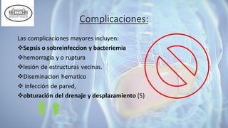Complicaciones:
Las complicaciones mayores incluyen:
❖Sepsis o sobreinfeccion y bacteriemia
❖hemorragia y o ruptura
❖lesión de estructuras vecinas.
❖Diseminacion hematico
❖ infección de pared,
❖obturación del drenaje y desplazamiento (5)
 