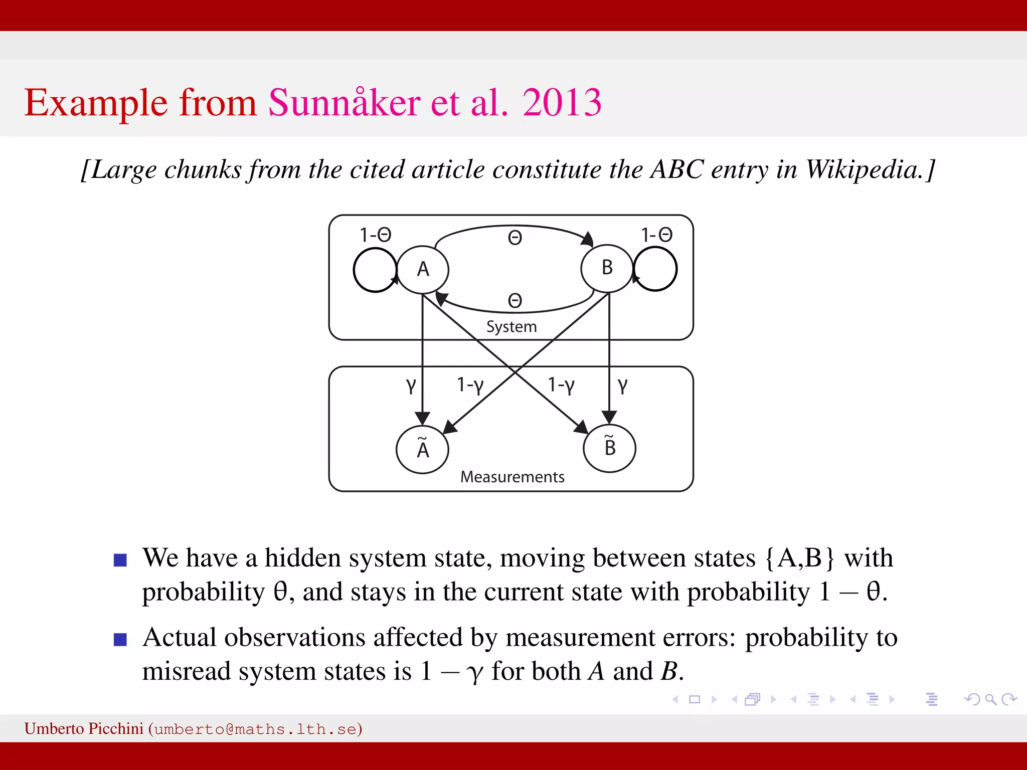 Example from Sunnåker et al. 2013 [Large chunks from the cited article constitute the ABC entry in Wikipedia.] distribution for these models. Again, computational improvements for ABC in the space of models have been proposed, such as constructing a particle filter in the joint space of models and parameters [17]. Once the posterior probabilities of models have been estimated, one can make full use of the techniques of Bayesian model comparison. For instance, to compare the relative plausibilities of two models M1 and M2, one can compute their posterior ratio, which is related to the Bayes factor B1,2: p(M1DD) p(DDM1) p(M1) p(M1) additional bias due to the loss of information bias—for example, in the context of mod more subtle [12,18]. At the same time, some of the criticisms t at the ABC methods, in particular phylogeography [19–21], are not specific all Bayesian methods or even all statistic choice of prior distribution and param However, because of the ability of ABC-me more complex models, some of these g particular relevance in the context of ABC This section discusses these potential risk ways to address them (Table 2). Approximation of the Posterior A nonnegligible e comes with the price p(hDr(^DD,D)ƒe) instead of the true post sufficiently small tolerance, and a sensible resulting distribution p(hDr(^DD,D)ƒe) shou the actual target distribution p(hDD) reasona hand, a tolerance that is large enough th parameter space becomes accepted will yiel distribution. There are empirical studies of p(hDr(^DD,D)ƒe) and p(hDD) as a function of results for an upper e-dependent bound for estimates [24]. The accuracy of the pos expected quadratic loss) delivered by ABC also been investigated [25]. However, th distributions when e approaches zero, and distance measure used, is an important to Figure 2. A dynamic bistable hidden Markov model. doi:10.1371/journal.pcbi.1002803.g002 We have a hidden system state, moving between states {A,B} with probability θ, and stays in the current state with probability 1 − θ. Actual observations affected by measurement errors: probability to misread system states is 1 − γ for both A and B. Umberto Picchini (umberto@maths.lth.se) 