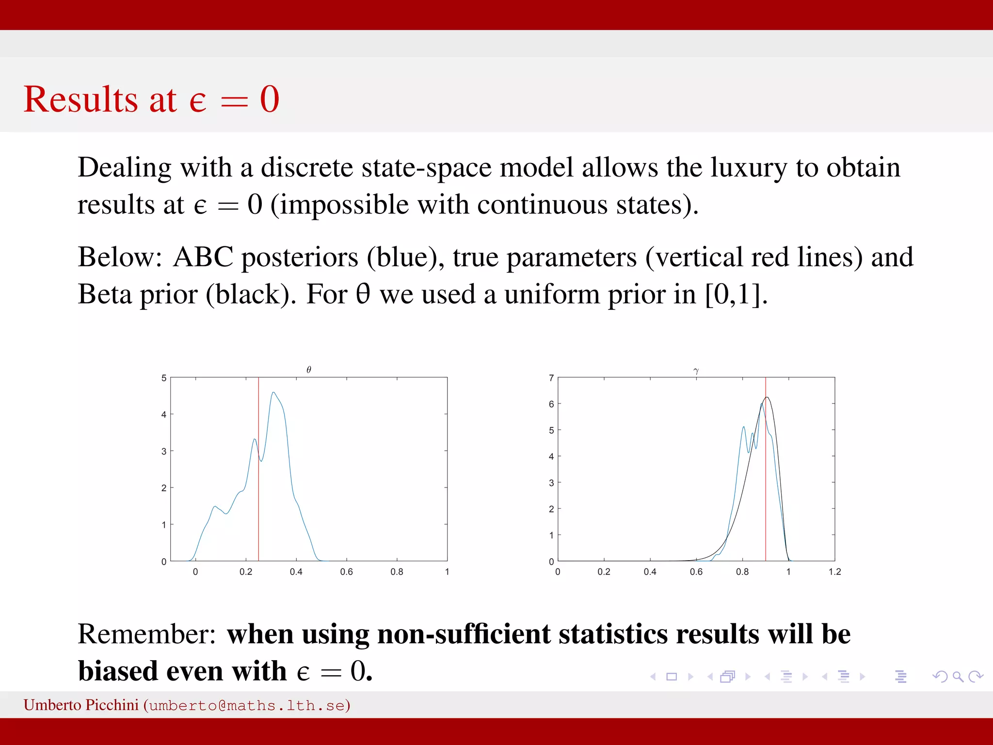 Results at = 0 Dealing with a discrete state-space model allows the luxury to obtain results at = 0 (impossible with continuous states). Below: ABC posteriors (blue), true parameters (vertical red lines) and Beta prior (black). For θ we used a uniform prior in [0,1]. 0 0.2 0.4 0.6 0.8 1 0 1 2 3 4 5 θ 0 0.2 0.4 0.6 0.8 1 1.2 0 1 2 3 4 5 6 7 γ Remember: when using non-sufﬁcient statistics results will be biased even with = 0. Umberto Picchini (umberto@maths.lth.se) 
