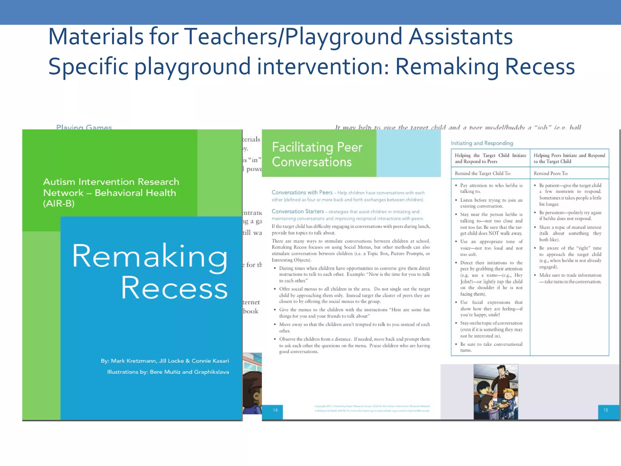 Materials for Teachers/Playground Assistants 
Specific playground intervention: Remaking Recess 
 