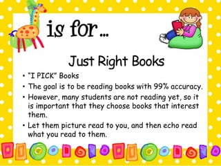 Just Right Books 
• “I PICK” Books 
• The goal is to be reading books with 99% accuracy. 
• However, many students are not reading yet, so it 
is important that they choose books that interest 
them. 
• Let them picture read to you, and then echo read 
what you read to them. 
 
