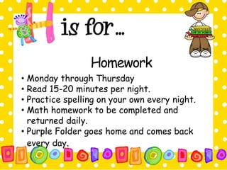 Homework 
• Monday through Thursday 
• Read 15-20 minutes per night. 
• Practice spelling on your own every night. 
• Math homework to be completed and 
returned daily. 
• Purple Folder goes home and comes back 
every day. 
 