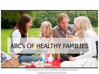 ABC’s OF HEALTHY FAMILIES
Presentation by I M Confident Niagara Canada
Created by Brenda Silveira
 