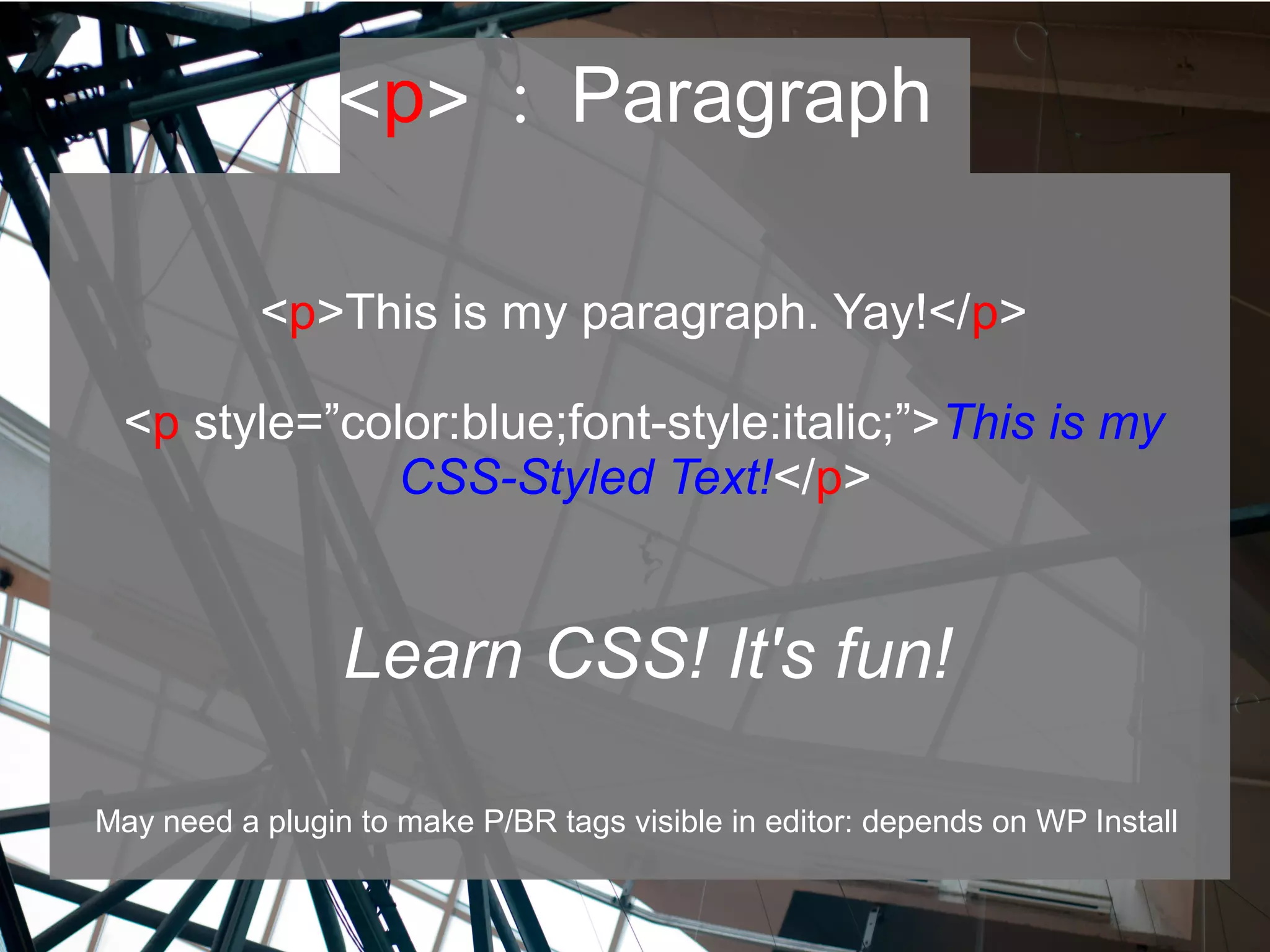 <p> : Paragraph
<p>This is my paragraph. Yay!</p>
<p style=”color:blue;font-style:italic;”>This is my
CSS-Styled Text!</p>
Learn CSS! It's fun!
May need a plugin to make P/BR tags visible in editor: depends on WP Install
 