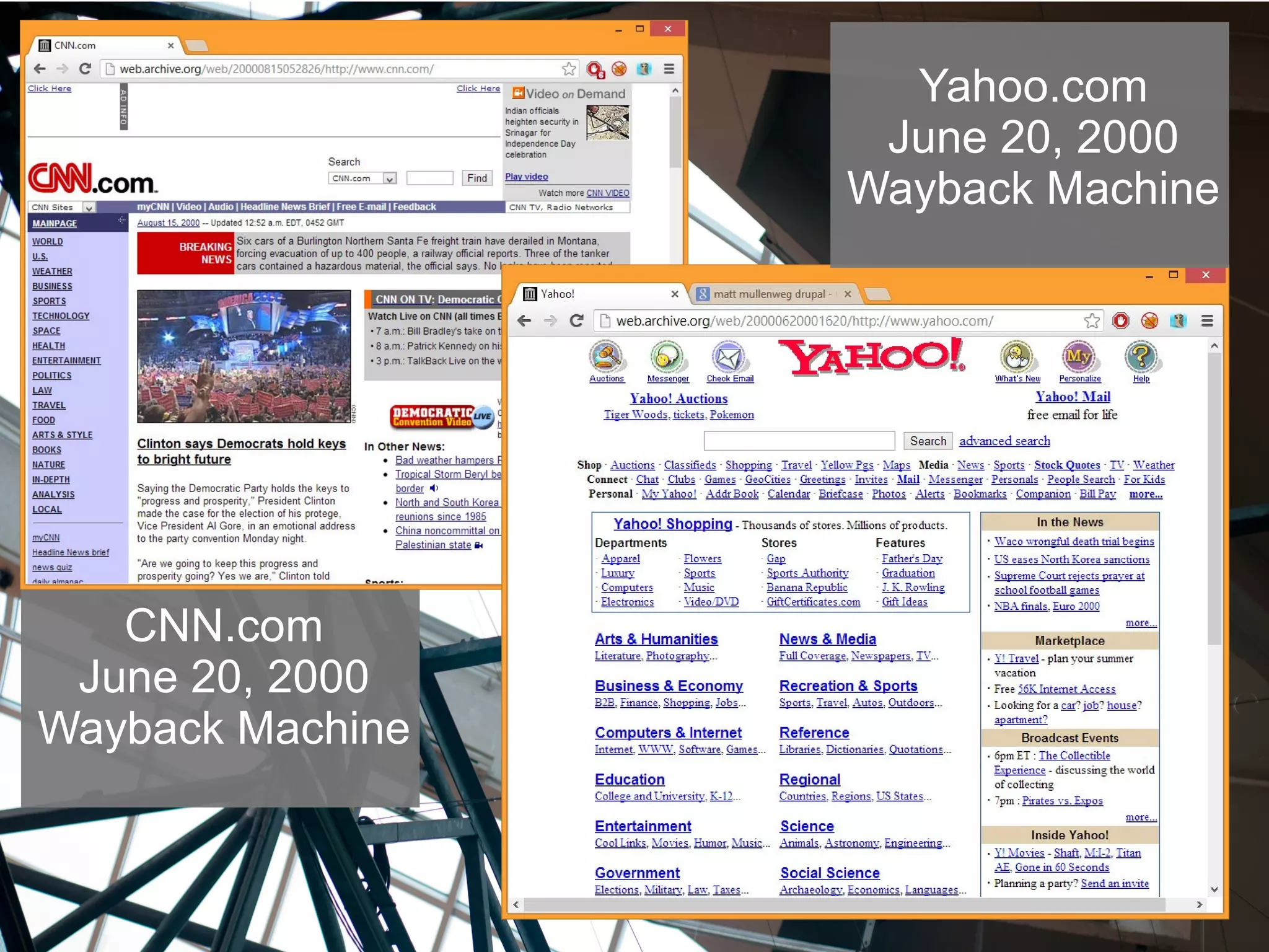 CNN.com
June 20, 2000
Wayback Machine
Yahoo.com
June 20, 2000
Wayback Machine
 