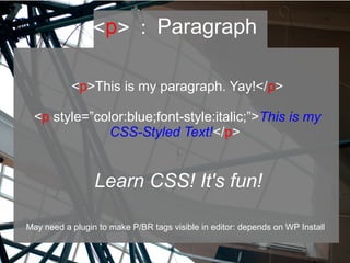 <p> : Paragraph
<p>This is my paragraph. Yay!</p>
<p style=”color:blue;font-style:italic;”>This is my
CSS-Styled Text!</p>
Learn CSS! It's fun!
May need a plugin to make P/BR tags visible in editor: depends on WP Install
 