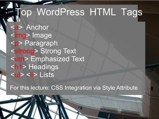 Top WordPress HTML Tags
<a> Anchor
<img> Image
<p> Paragraph
<strong> Strong Text
<em> Emphasized Text
<h1> Headings
<ul> <li> Lists
For this lecture: CSS Integration via Style Attribute
 
