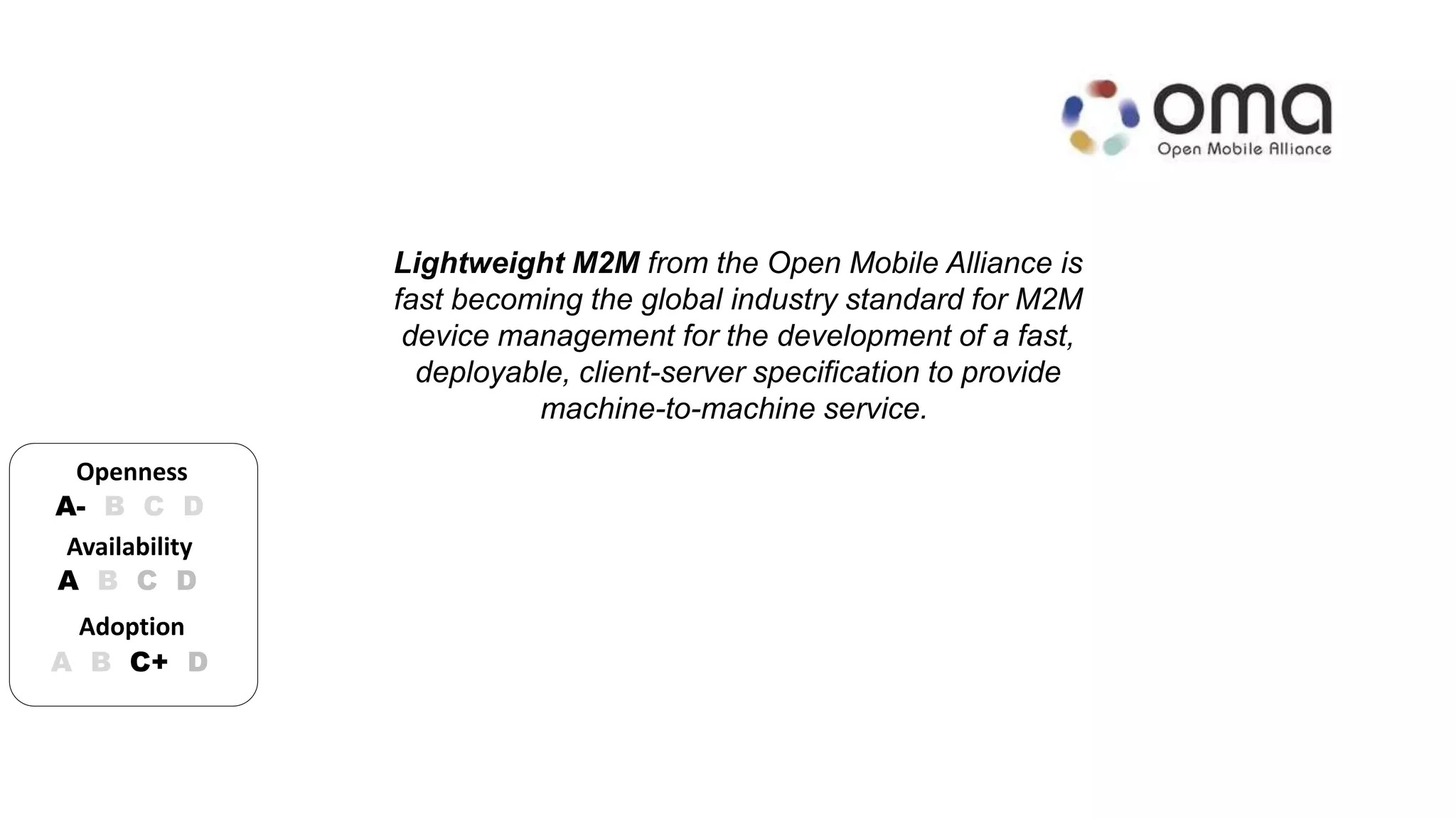 Lightweight M2M from the Open Mobile Alliance is 
fast becoming the global industry standard for M2M 
device management for the development of a fast, 
deployable, client-server specification to provide 
machine-to-machine service. 
Openness 
A- B C D 
Availability 
A B C D 
Adoption 
A B C+ D 
 