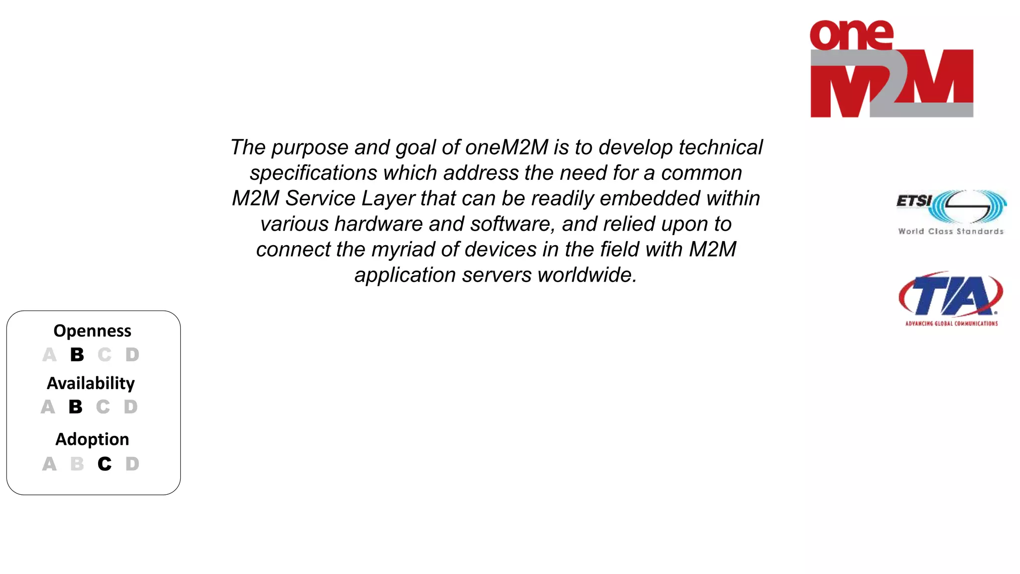 The purpose and goal of oneM2M is to develop technical 
specifications which address the need for a common 
M2M Service Layer that can be readily embedded within 
various hardware and software, and relied upon to 
connect the myriad of devices in the field with M2M 
application servers worldwide. 
Openness 
A B C D 
Availability 
A B C D 
Adoption 
A B C D 
 