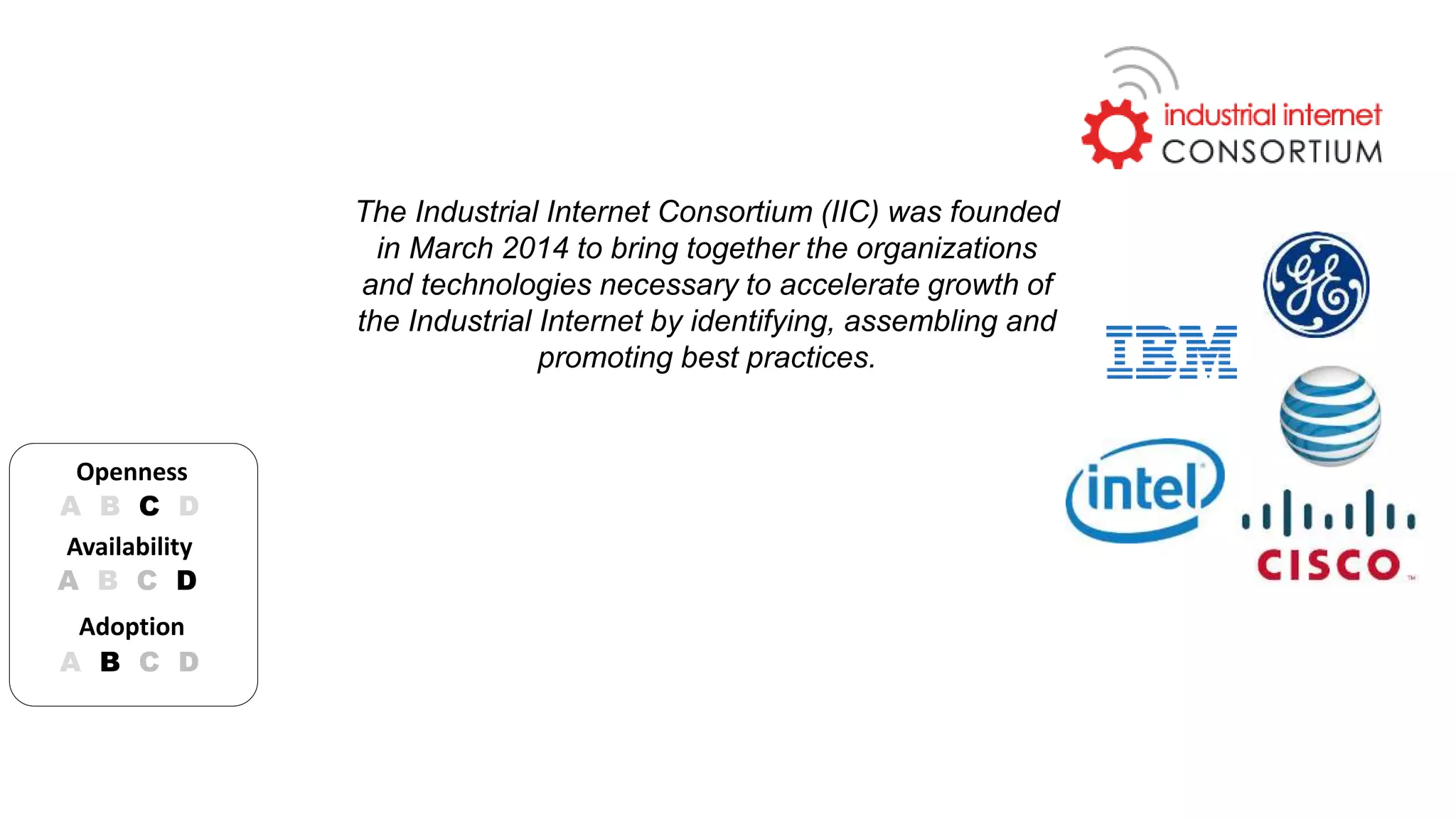 The Industrial Internet Consortium (IIC) was founded 
in March 2014 to bring together the organizations 
and technologies necessary to accelerate growth of 
the Industrial Internet by identifying, assembling and 
promoting best practices. 
Openness 
A B C D 
Availability 
A B C D 
Adoption 
A B C D 
 