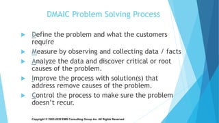 Copyright © 2003-2020 EMS Consulting Group Inc. All Rights Reserved
DMAIC Problem Solving Process
 Define the problem and what the customers
require
 Measure by observing and collecting data / facts
 Analyze the data and discover critical or root
causes of the problem.
 Improve the process with solution(s) that
address remove causes of the problem.
 Control the process to make sure the problem
doesn’t recur.
 