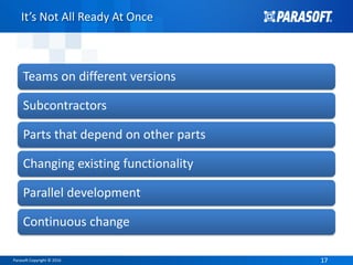 Parasoft Copyright © 2016 1717
It’s Not All Ready At Once
Teams on different versions
Subcontractors
Parts that depend on other parts
Changing existing functionality
Parallel development
Continuous change
 