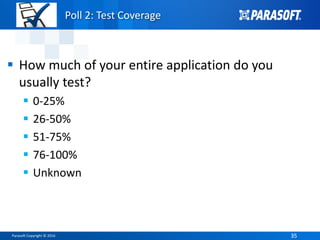 Parasoft Copyright © 2016 3535
Poll 2: Test Coverage
 How much of your entire application do you
usually test?
 0-25%
 26-50%
 51-75%
 76-100%
 Unknown
 