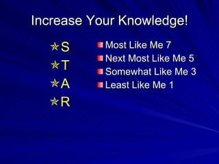 Increase Your Knowledge! <ul><li> S </li></ul><ul><li> T </li></ul><ul><li> A </li></ul><ul><li> R </li></ul><ul><li>M...