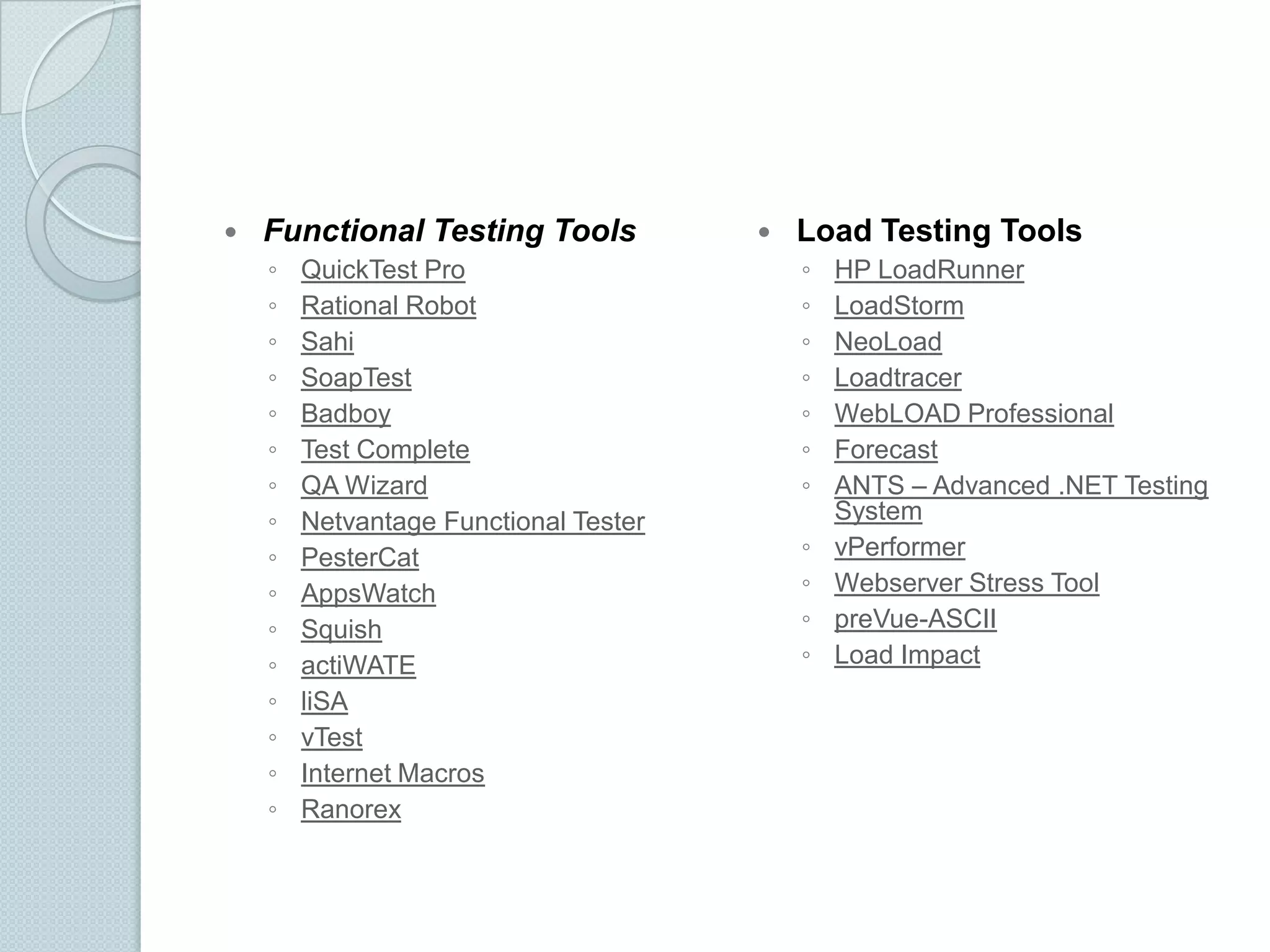 

Functional Testing Tools
◦
◦
◦
◦
◦
◦
◦
◦
◦
◦
◦
◦
◦
◦
◦
◦

QuickTest Pro
Rational Robot
Sahi
SoapTest
Badboy
Test Complete
QA Wizard
Netvantage Functional Tester
PesterCat
AppsWatch
Squish
actiWATE
liSA
vTest
Internet Macros
Ranorex



Load Testing Tools
◦
◦
◦
◦
◦
◦
◦

◦
◦
◦
◦

HP LoadRunner
LoadStorm
NeoLoad
Loadtracer
WebLOAD Professional
Forecast
ANTS – Advanced .NET Testing
System
vPerformer
Webserver Stress Tool
preVue-ASCII
Load Impact

 