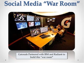 Social Media “War Room”




    Gatorade Partnered with IBM and Radian6 to
              build this “war room”
 