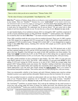 “
Page 1 of 8 May 2014 © Copyright StockTakers Limited, All Rights Reserved. Copying Prohibited.
The author does not provide investment advice. In order to use reproduce or convey the material herein,
in any way, written agreement must be obtained from the author or its agent Architypes Inc.
StockTakers Limited is an Alberta corporation providing information on “likeables” equities.
StockTakers Limited encourages your seeking tax law advisor for capital gains tax dispositions.
ABCs to Zs Defense of Capital, Tax CharityTM
–22 May 2014
Risk PriceTM
analysis of balance sheets allows us to discern a most useful partition from all the equities
in any market. These are “likeablesTM
” because they seem “undervalued1
” in the market mind-sense.
The demand for them exceeds the supply at current prices. Investors prefer them and price them up. So
there is much to like. As a group 2 of 3 “likeablesTM
” equities we identify by Risk PriceTM
tend to gain
in stock price for long periods. We understand why by proven theory2
. We give proof also in open
display in real time markets because we can. No one else can, so they do not. Because we can, we do.
As open handed display of our methods in January 2012 we released the ABC’s portfolio comprised of
just the of newly identified equities on TSX and NYSE “likeablesTM
” market partition. Our “likeables”
are revealed by their rise above Risk Price TM
our metric investors must know to defend their capital.
Those ABCs portfolios made the case even as the two markets diverged. There were 16 ABCs equities
in the TSX sample for an aggregate $41.972 invested and 12 ABCs in the NYSE sample portfolio for
an aggregate $77,436 invested at outset. Through 2012 in both ABC’s, 5 were dropped due to negative
change in their Risk Price metrics, finishing 2012 with the TSX sample up 22.64% and the NYSE
sample up 38.97%.
These substantively different markets moved in different directions. The TSX declined early in 2012
and then regained ending up 6.02% and the NYSE had started hot and then cooled to obtain a 8.35%
gain in the year. Roughly a four-fold gain was made in both ABC portfolios over those markets. The
hedge funds HFRI3
recorded only 6.16% on the NYSE prior to their taking fees as supposed earned
despite their underperformance in 2012, as in all years. They are just playing dice, with your money.
Our ABCs sample portfolios we have continued in open display. The TSX- ABCs 2.4 year gain now
totals 76.17% gaining 12.4% in 2014. The NYSE - ABCs portfolio 2.4 year gain totals 52.94% in 2013
adding 31.51% now waiting for NYSE recovery to its end of 2013. While the average hedge fund
gained 2.40%4
letting inflation erode your money. Our ‘likeables’ tending to hold their value and gain
are better than cash. Capital Safety and Liquidity has consistently shown and proven works for high
capital appreciation. Less risk more gain sounds strange but truth to power5
there is no science in
conventional fund portfolio methods. Their artifice takes fees for their playing dice, with your money.
There was unreasonable volatility in late January and early February tripping many stop-loss settings
intended to protect your capital and then rebounded. Market mavens often are irrational, for no reason.
We seek accredited investors to extend our achievement with our new theory of the firm. We offer
some of our “Perpetual Bond” proprietary list of “likeables” to help small investors. “Likeables”
portfolios performance is proven. Because we can, we do. With proven ‘likeables’ small investors can.
The TaxCharityTM
portfolios we posted January 2013 took-up the challenge for the small investor to
invest new cash savings under the limits of annual Tax shelter provisions. Our followers have done
well. Our BookBuilderTM
builds your wealth for childrens’ education or your income on small savings.
"there is risk in what you do not or cannot know." Thomas Tooke, 1844
"for the value of money is also perishable." Jean-Baptiste Say , 1803
 