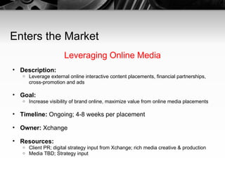 Enters the Market Leveraging Online Media Description:   Leverage external online interactive content placements, financial partnerships, cross-promotion and ads Goal:   Increase visibility of brand online, maximize value from online media placements Timeline:  Ongoing; 4-8 weeks per placement Owner:  Xchange Resources:   Client PR; digital strategy input from Xchange; rich media creative & production  Media TBD; Strategy input 