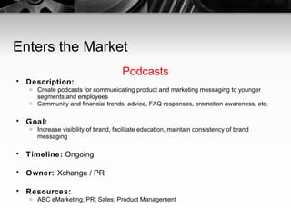 Enters the Market Podcasts Description:   Create podcasts for communicating product and marketing messaging to younger segments and employees Community and financial trends, advice, FAQ responses, promotion awareness, etc. Goal:   Increase visibility of brand, facilitate education, maintain consistency of brand messaging Timeline:  Ongoing Owner:  Xchange / PR Resources:   ABC eMarketing; PR; Sales; Product Management 