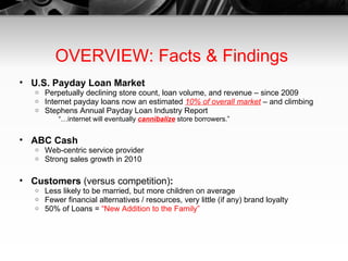 OVERVIEW: Facts & Findings  U.S. Payday Loan Market Perpetually declining store count, loan volume, and revenue – since 2009 Internet payday loans now an estimated   10% of overall market  – and climbing Stephens Annual Payday Loan Industry Report “… internet will eventually  cannibalize  store borrowers.” ABC Cash Web-centric service provider Strong sales growth in 2010 Customers  (versus competition) :  Less likely to be married, but more children on average Fewer financial alternatives / resources, very little (if any) brand loyalty 50% of Loans =  “New Addition to the Family” 