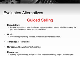Evaluates Alternatives Guided Selling Description:   Provide support tool selection based on user preferences and priorities, making the process of selection easier and more efficient Goal:   Streamline purchasing process, increase customer satisfaction. Timeline:  3 –4 months Owner:  ABC eMarketing/Xchange Resources:   Agency digital strategy and production; product marketing subject matter expert 