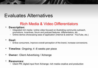 Evaluates Alternatives Rich Media & Video Differentiators Description:   Integrated rich media / online video focused on illustrating community outreach, promotions, incentives, forum and podcast features, differentiators, etc. Online demos showcasing ease of application (internal & external - YouTube, etc.) Goal:   Entice consumers, improve overall perception of the brand, increase conversions. Timeline:  Ongoing; 4 -8 weeks per piece Owner:  Client Advertising / Xchange Resources:   Client PR; digital input from Xchange; rich media creative and production  