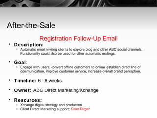 After-the-Sale Registration Follow-Up Email Description:   Automatic email inviting clients to explore blog and other ABC social channels. Functionality could also be used for other automatic mailings. Goal:   Engage with users, convert offline customers to online, establish direct line of communication, improve customer service, increase overall brand perception. Timeline:  6 –8 weeks Owner:  ABC Direct Marketing/Xchange Resources:   Xchange digital strategy and production Client Direct Marketing support;  ExactTarget 